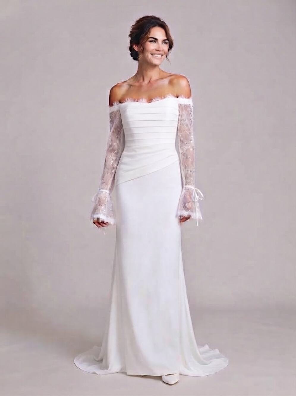 NEW XS Off Shoulder Long Sleeve Wedding Dress Sequined Lace Bell Cuff
